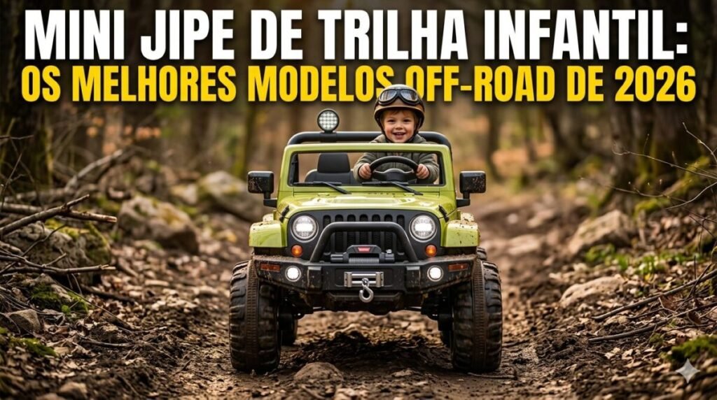 Capa do post: Mini jipe de trilha infantil: Os Melhores Modelos Off-Road de 2026, mostrando um jipe elétrico infantil conquistando uma trilha na floresta.